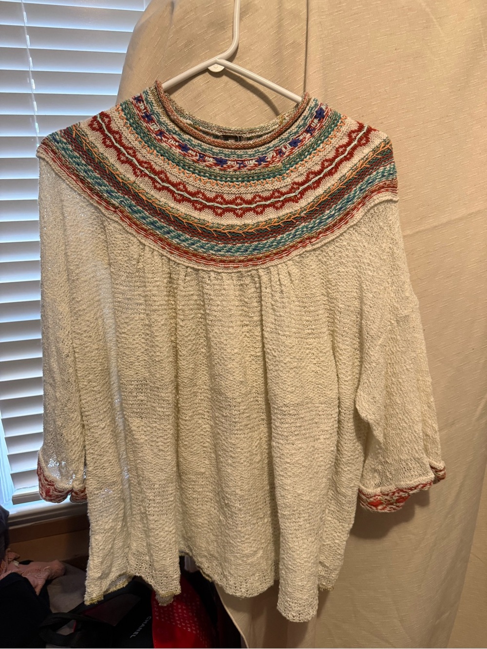 Free People Cream Tunic with Multicolor Embroidered Yoke